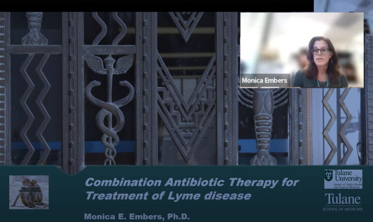 Monica Embers presents on screen with her slide deck in behind.