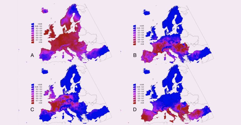 Cartes de l’Europe comparant le caractère convenable de l’habitat des tiques.