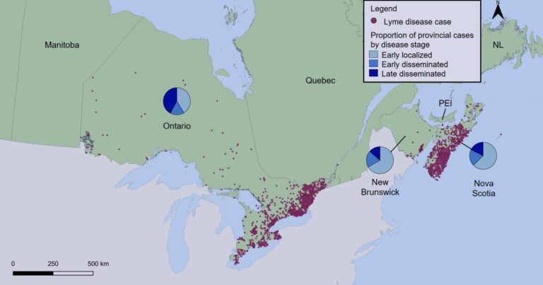 Geographic distribution of Lyme disease cases and proportion of cases by disease stage, Canada, 2009–2019*.