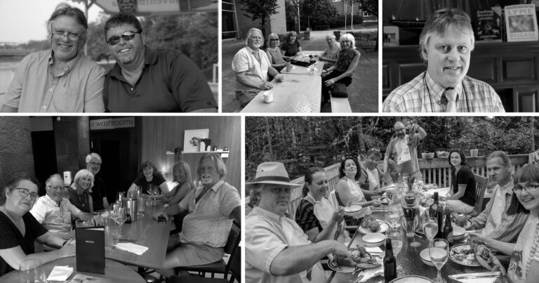 A montage of photos in black and white showing Jim Wilson in various contexts.
