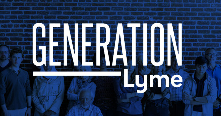 The Generation Lyme wordmark floats on top of an image of people standing and sitting shoulder to shoulder against a brick wall.